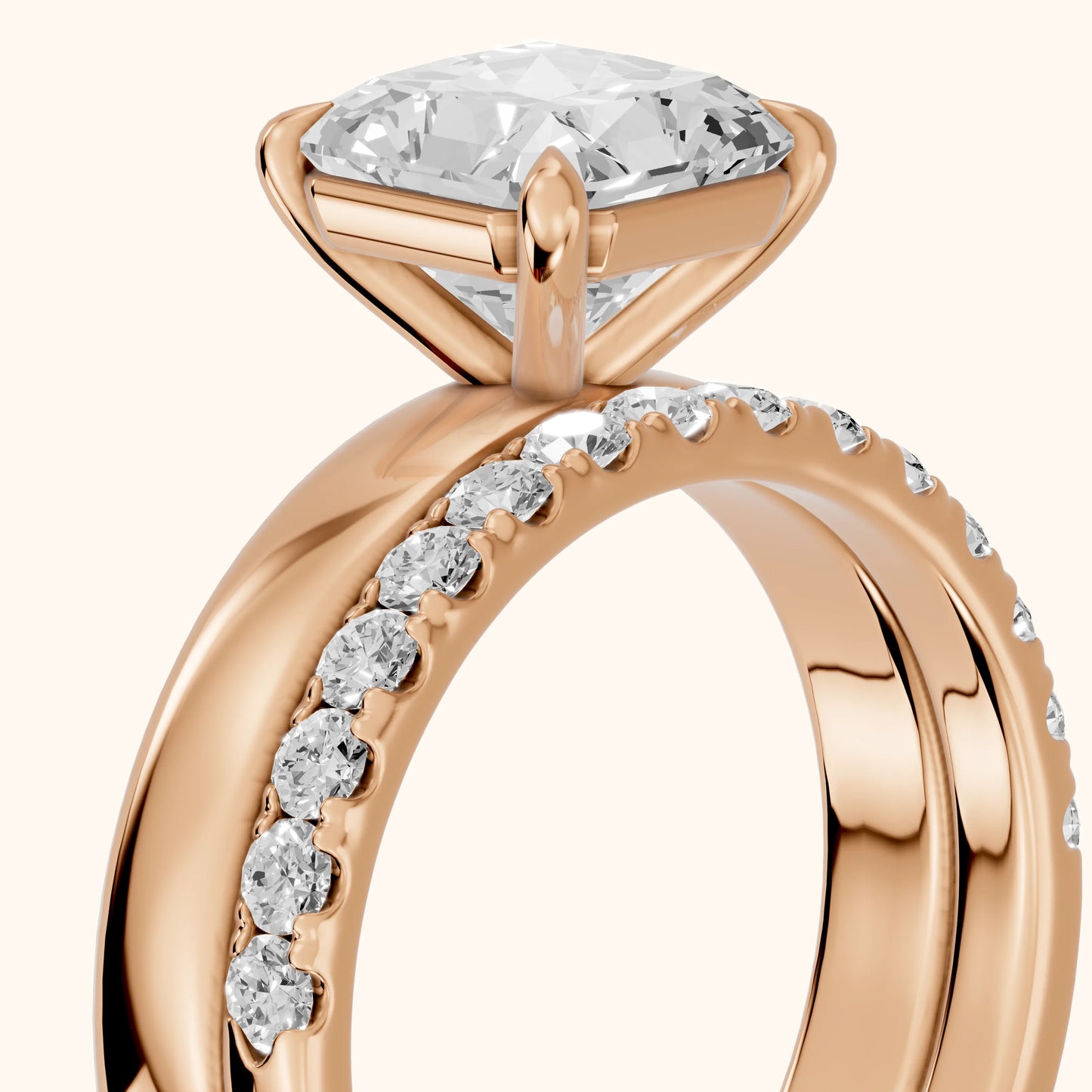 Veda Split Shank Pavé Radiant Diamond Engagement Ring in Rose Gold - slant-view.webp