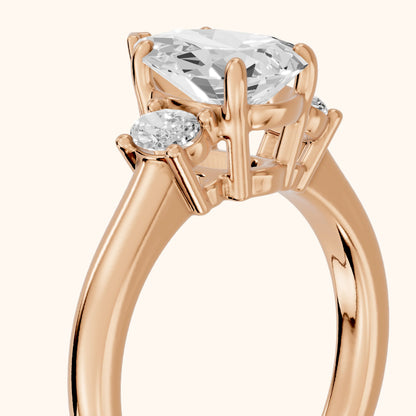 Alya Three-Stone Cathedral Pear Diamond Engagement Ring in Rose Gold - slant-view.webp
