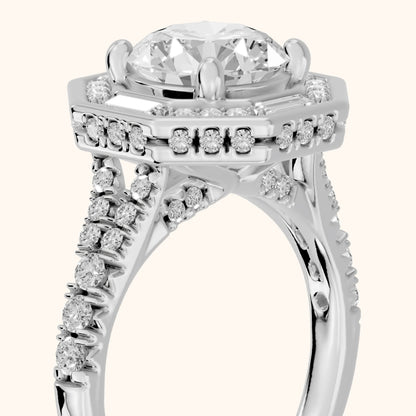 Berea Deco Halo Round Diamond Engagement Ring in Platinum - slant-view.webp