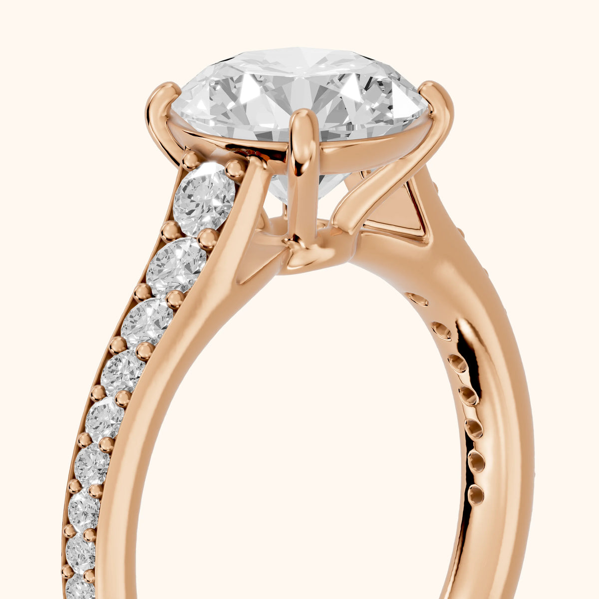 Linda Graduated Pavé Round Diamond Engagement Ring in Rose Gold - slant-view.webp