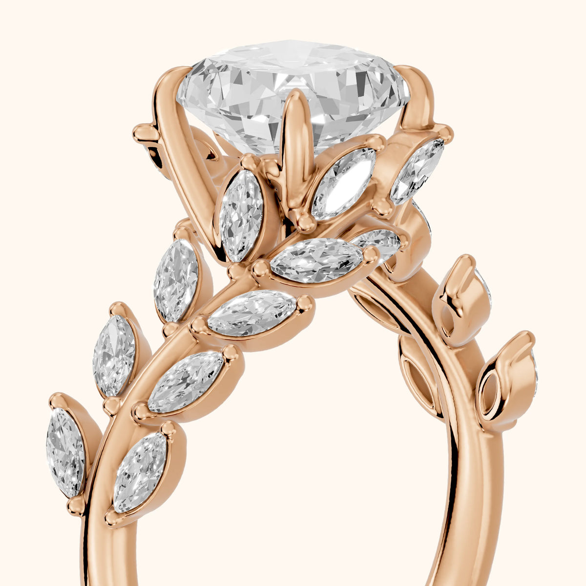 Clarion Leaf Bypass Cushion Diamond Engagement Ring in Rose Gold - slant-view.webp