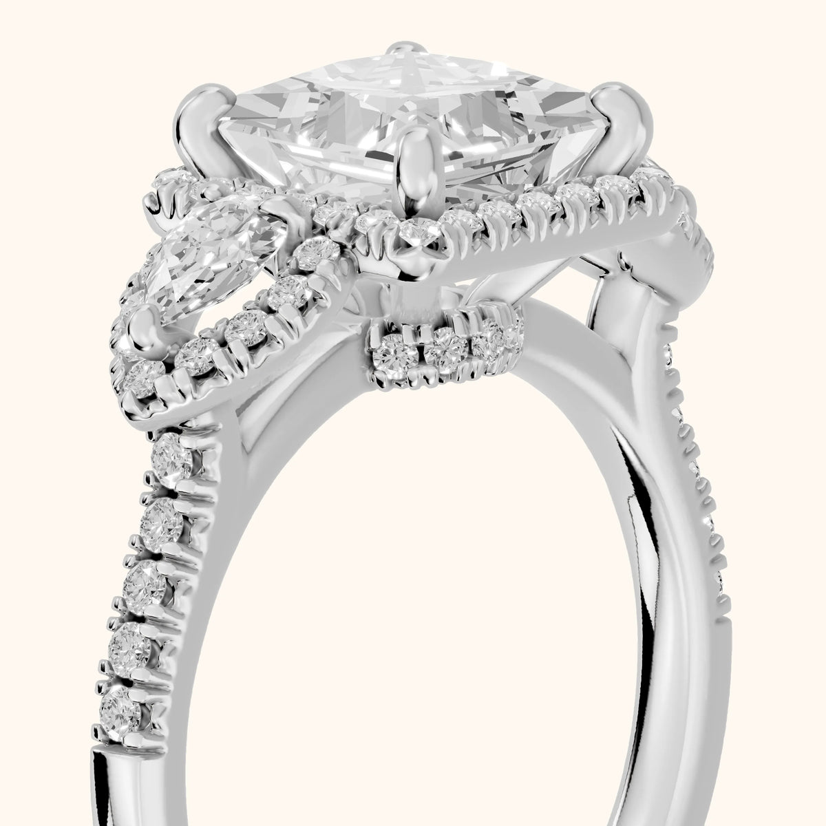 Camden Three-Stone Halo Princess Diamond Engagement Ring in White Gold - slant-view.webp