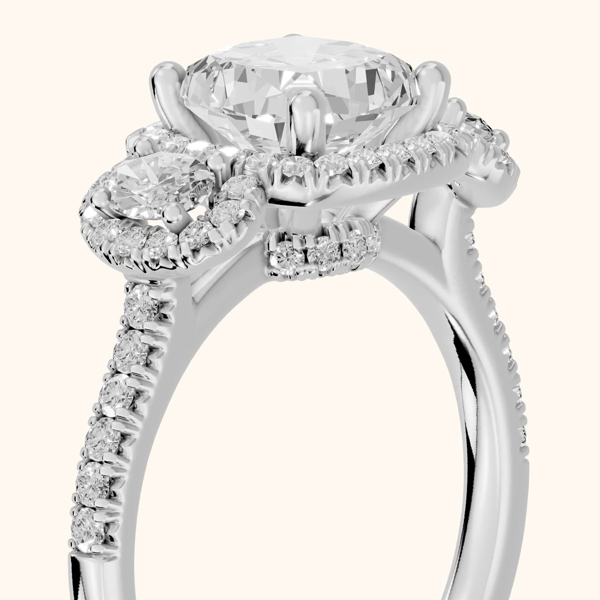 Austin Three-Stone Halo Cushion Diamond Engagement Ring in Platinum - slant-view.webp
