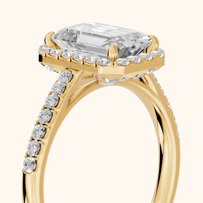 Alma Halo Pavé Emerald Diamond Ring in Yellow Gold - slant-view.webp