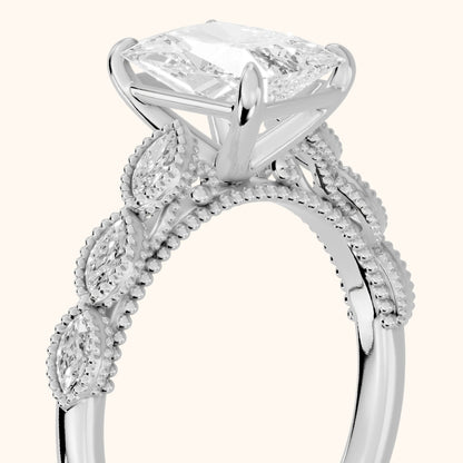 Freya Milgrain Leaf Radiant Diamond Engagement Ring in Silver - slant-view.webp