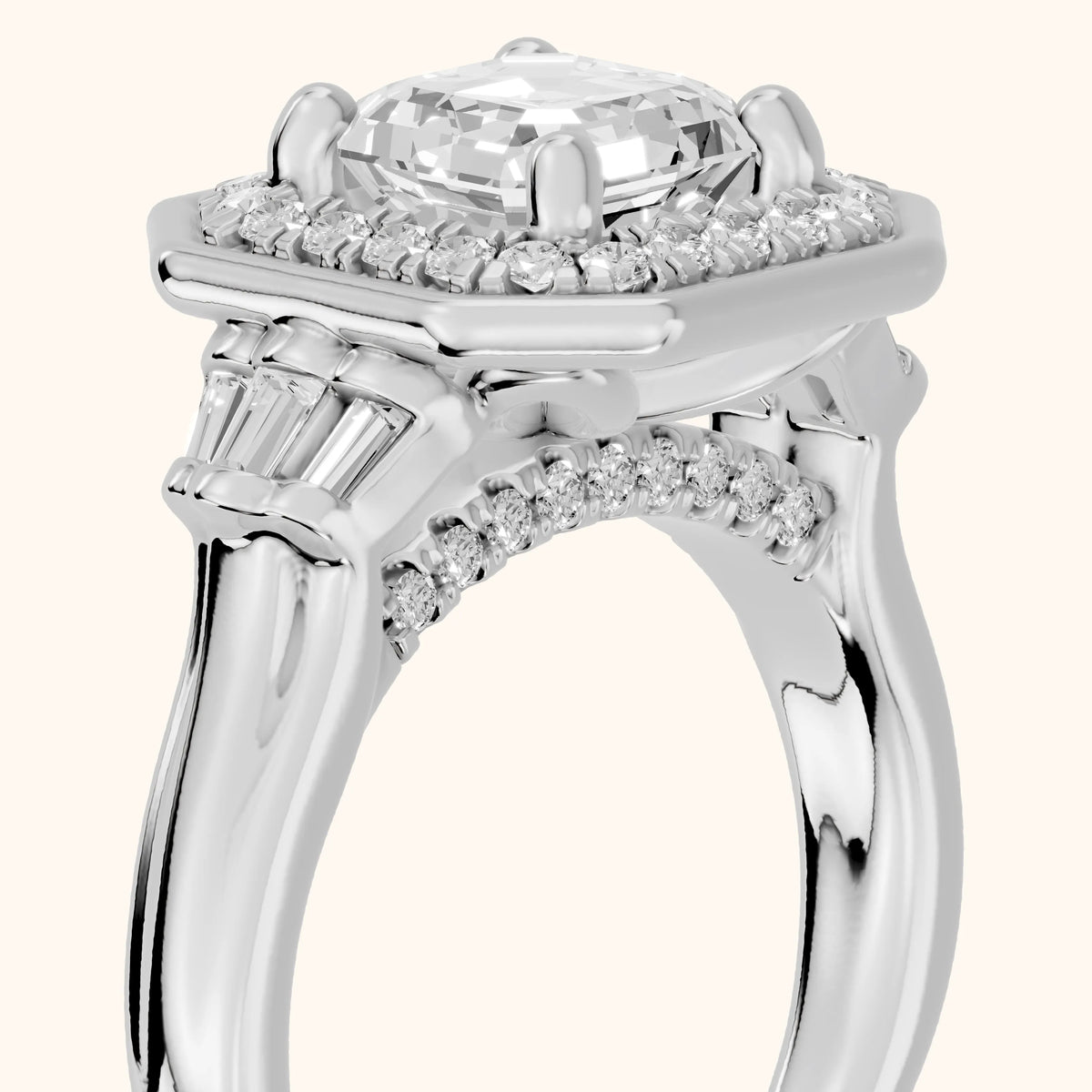 Milan Deco Halo Asscher Diamond Engagement Ring in White Gold - slant-view.webp