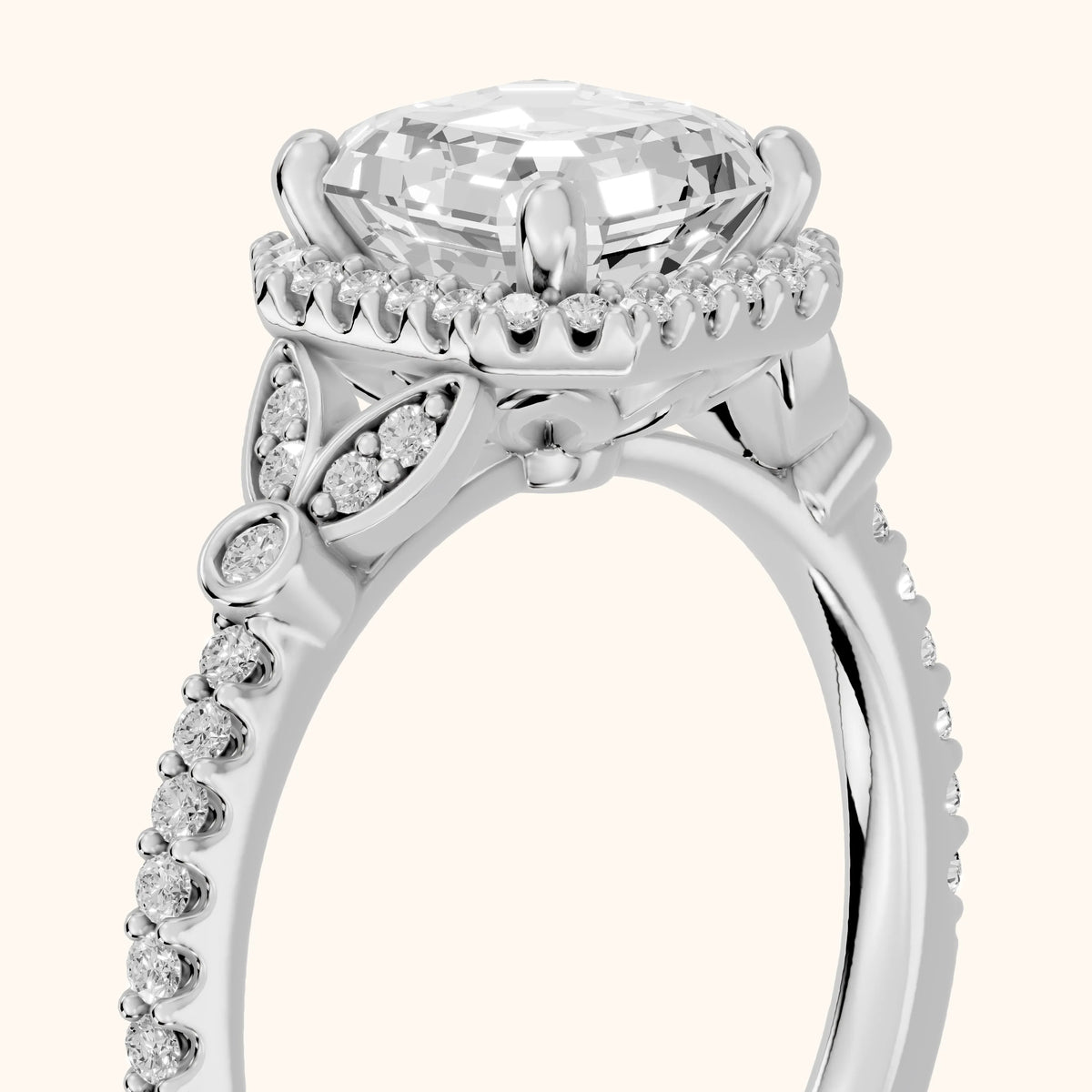 Sitka Leaf Halo Asscher Diamond Engagement Ring in Silver - slant-view.webp