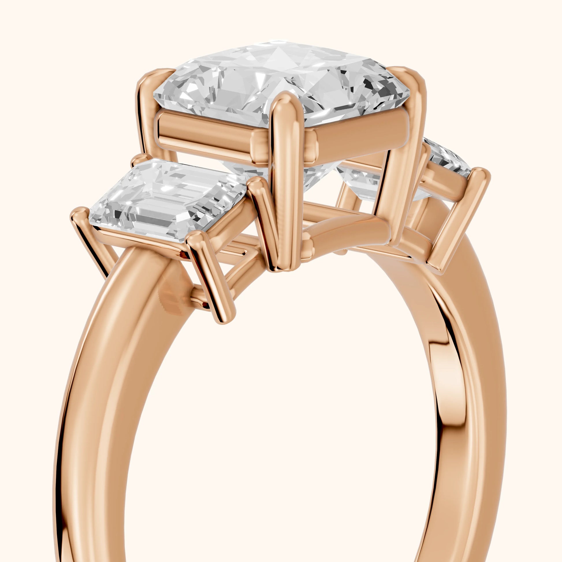 Zoe Three-Stone Radiant Diamond Ring in Rose Gold - slant-view.webp