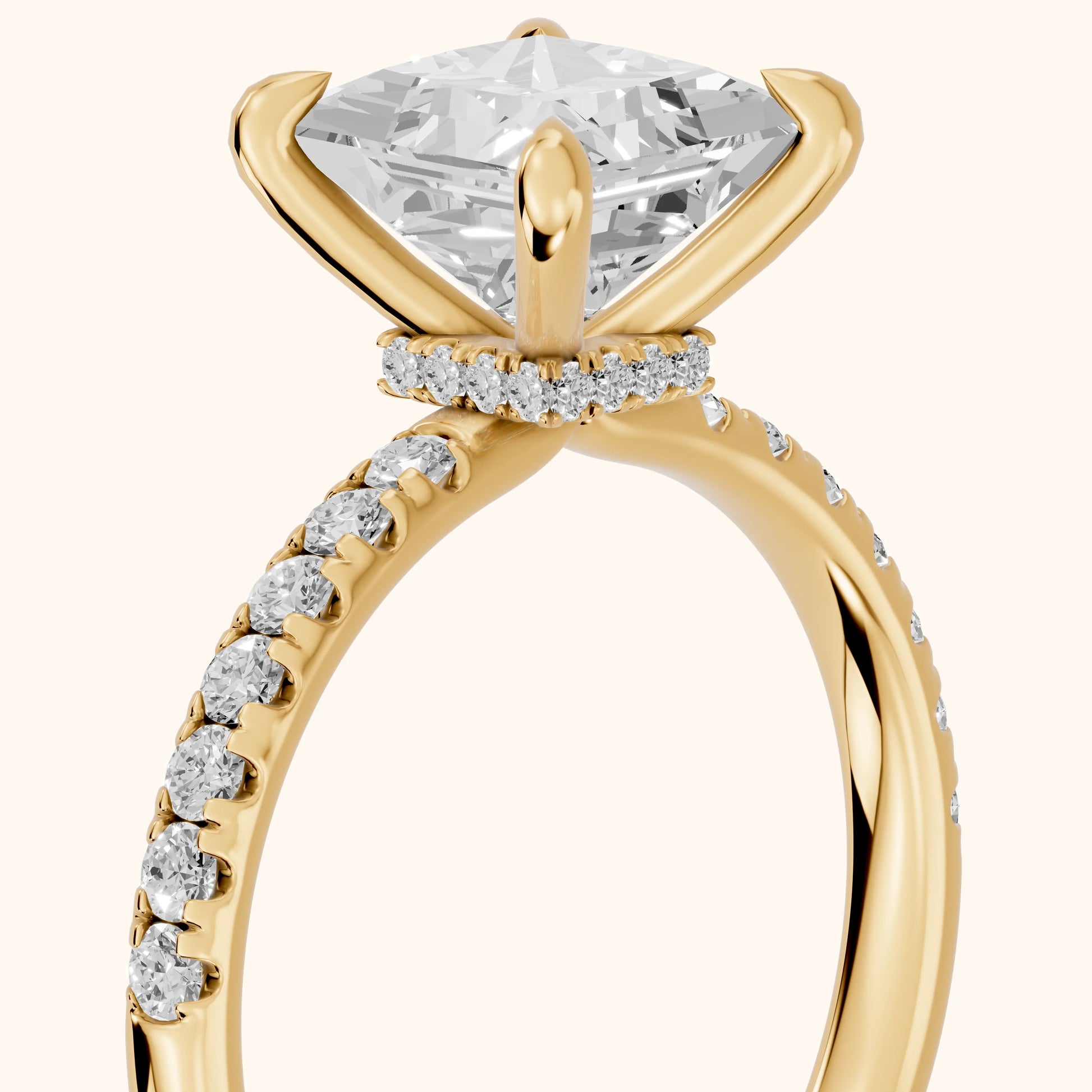 Maya Hidden Halo Pavé Princess Diamond Engagement Ring in Yellow Gold - slant-view.webp