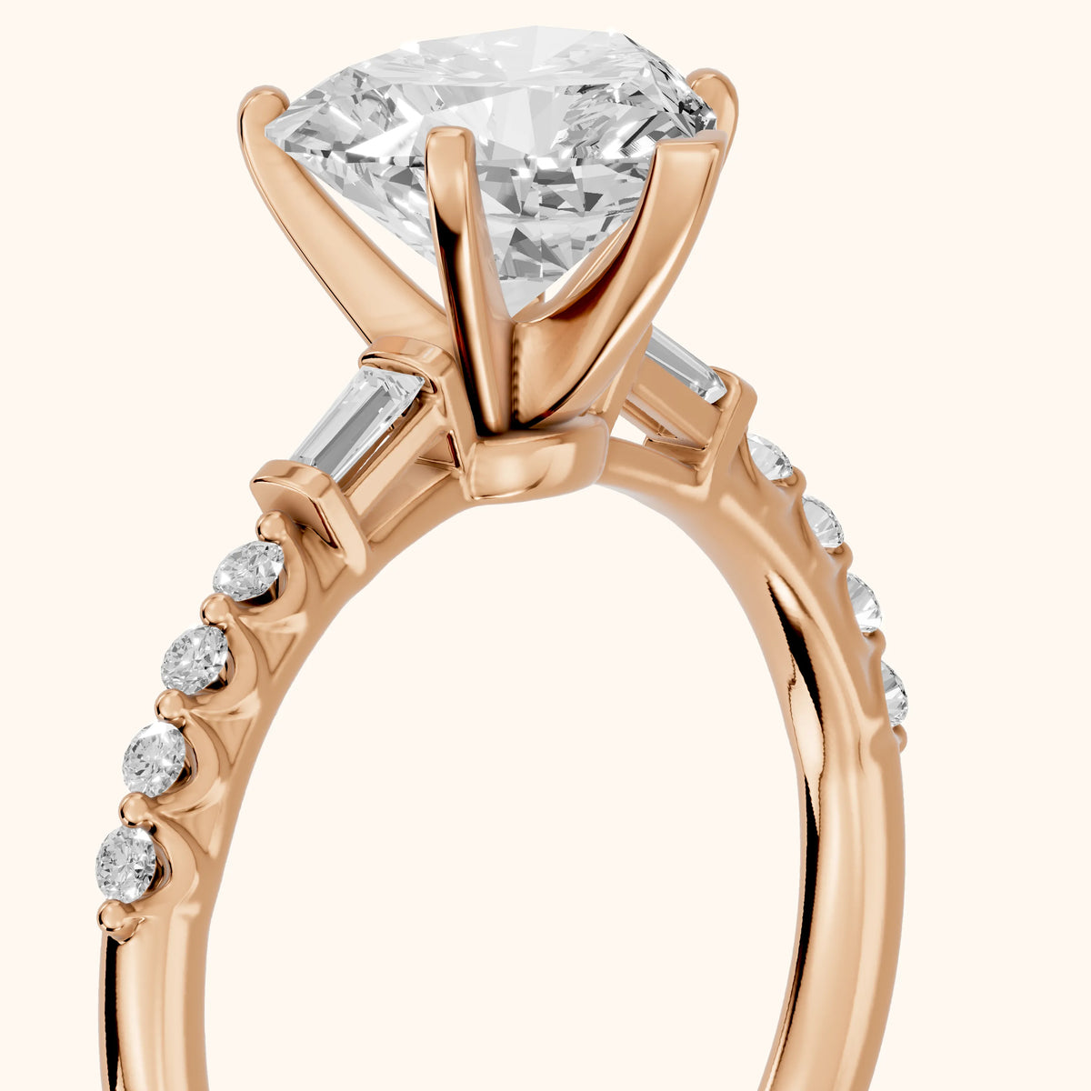 Taos Beaded Baguette Heart Diamond Engagement Ring in Rose Gold - slant-view.webp