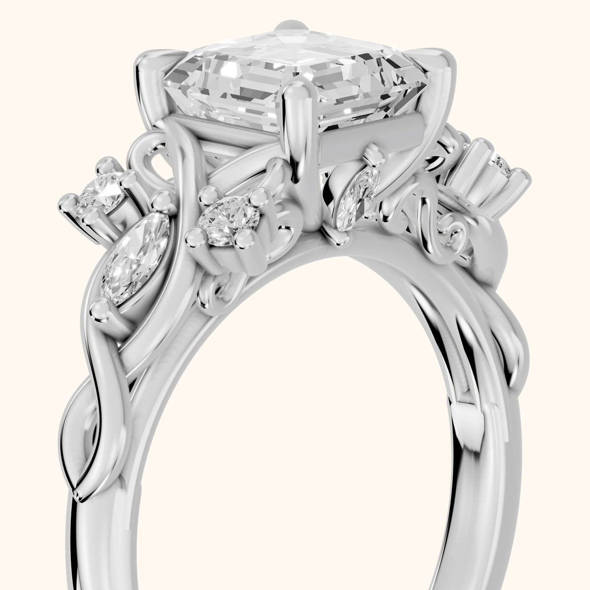 Auburn Vine Cluster Asscher Diamond Engagement Ring in Platinum - slant-view.webp