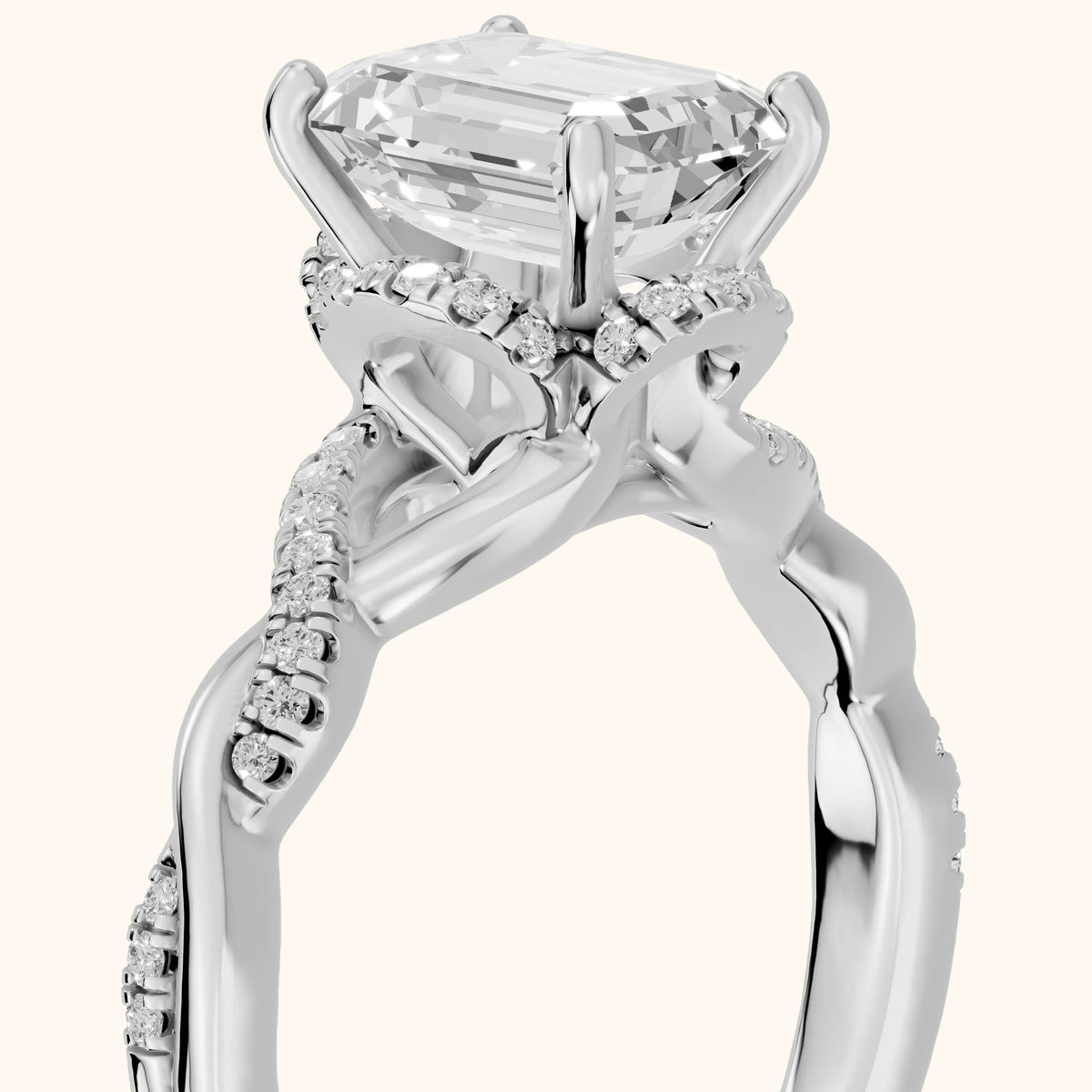 Lavender Twist Halo Emerald Diamond Engagement Ring in Platinum - slant-view.webp