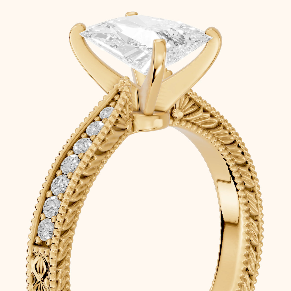 Inga Vintage Engraved Radiant Diamond Engagement Ring in Yellow Gold - slant-view.webp