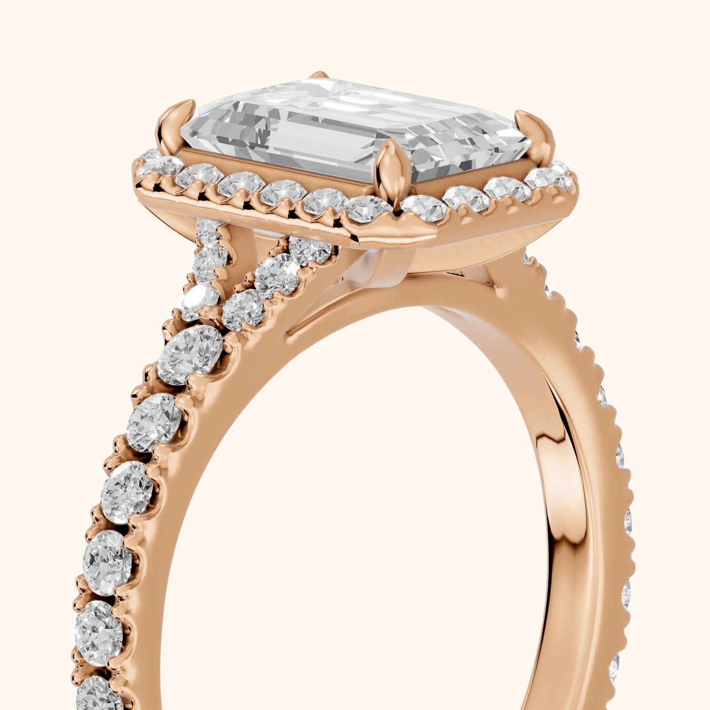 Bella Halo Pavé Emerald Diamond Engagement Ring in Rose Gold - slant-view.webp
