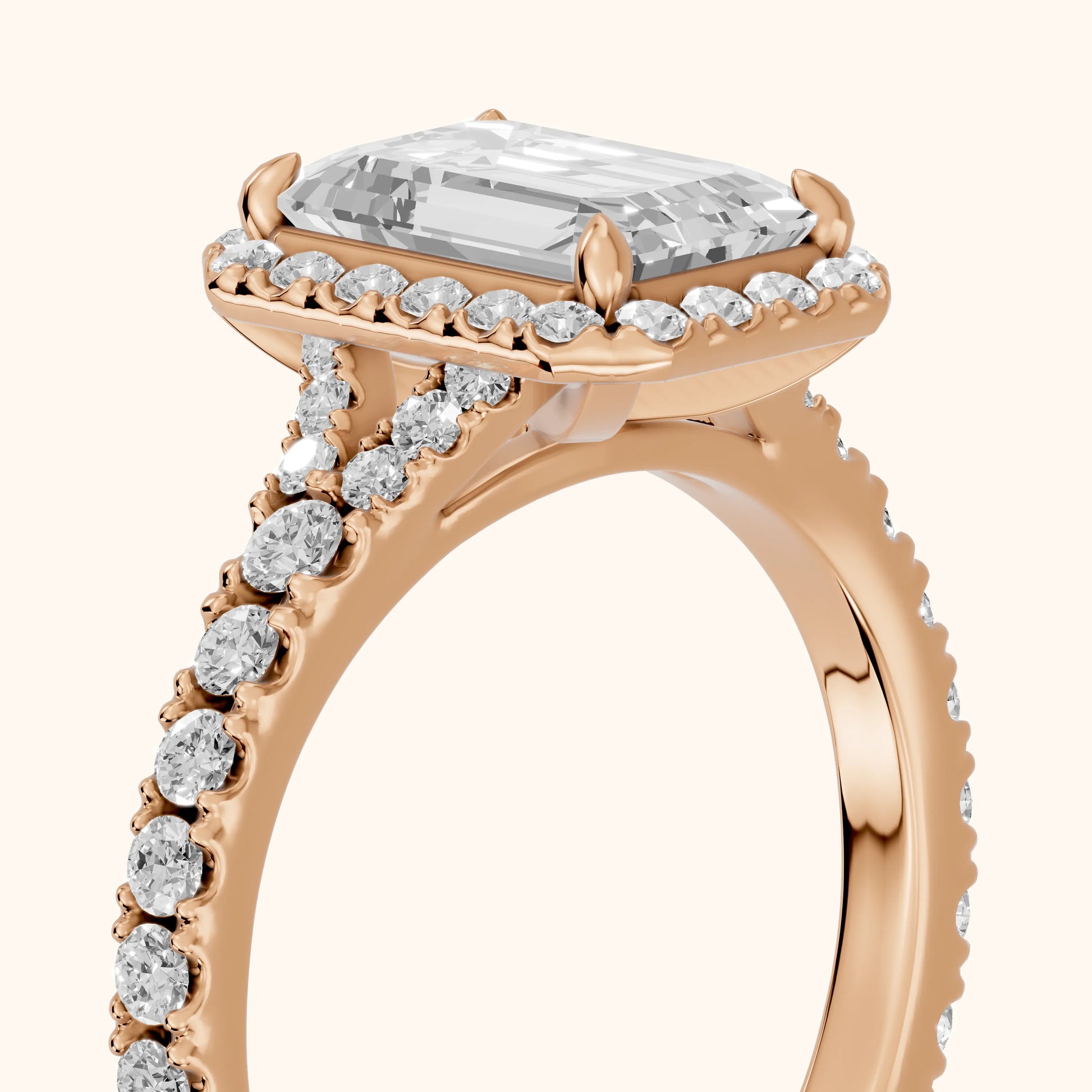 Bella Halo Pavé Emerald Diamond Engagement Ring in Rose Gold - slant-view.webp