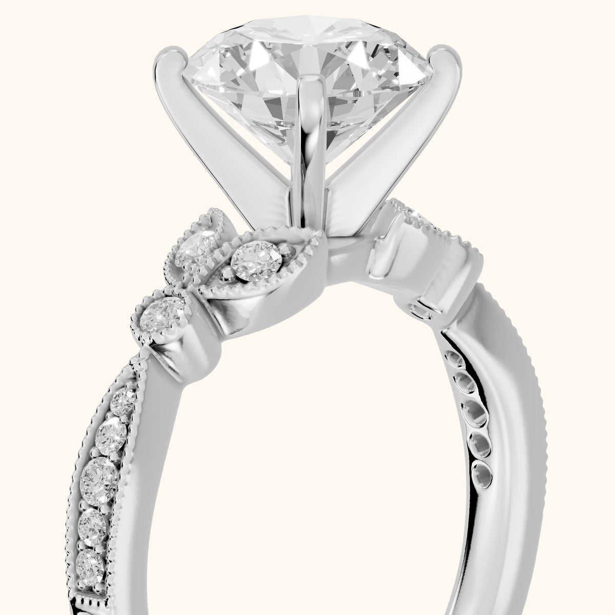 Ninette Vintage Leaf Round Diamond Engagement Ring in Silver - slant-view.webp