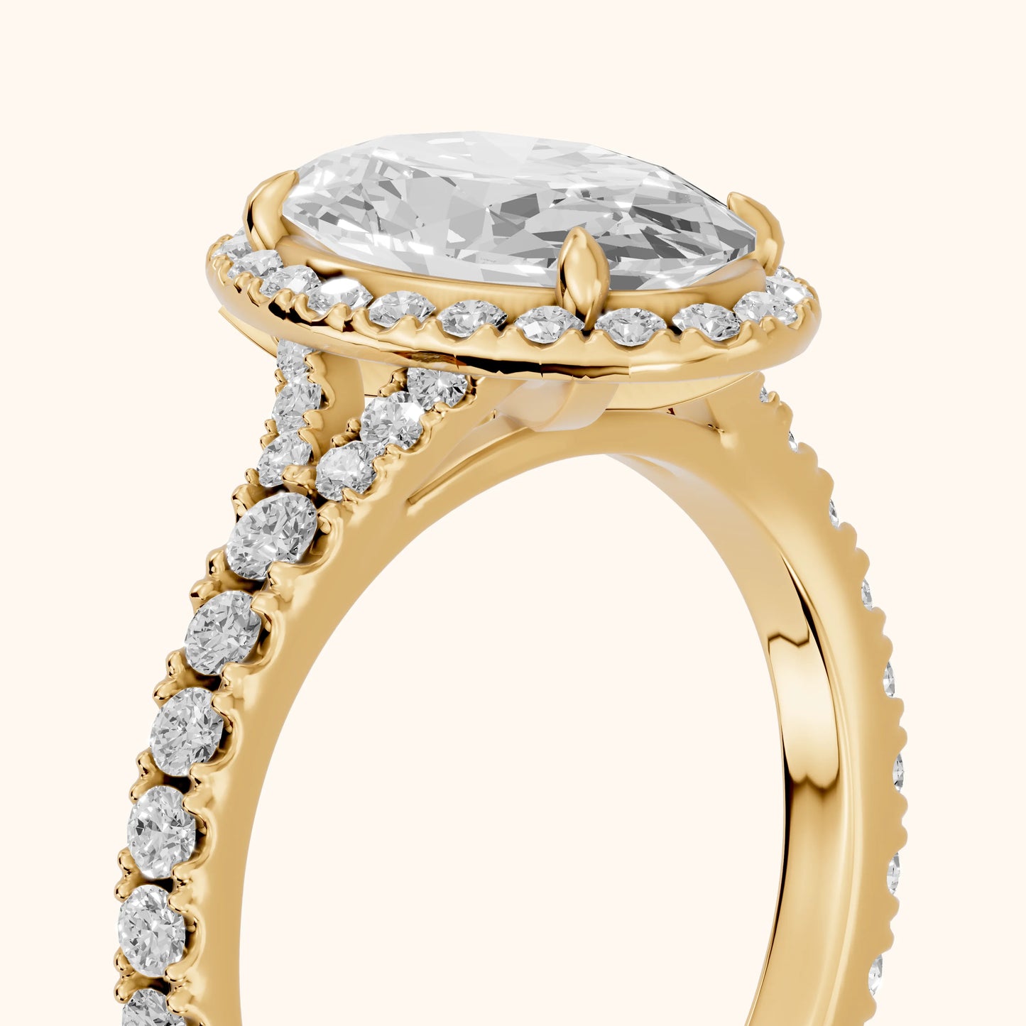 Bella Halo Pavé Oval Diamond Engagement Ring in Yellow Gold - slant-view.webp