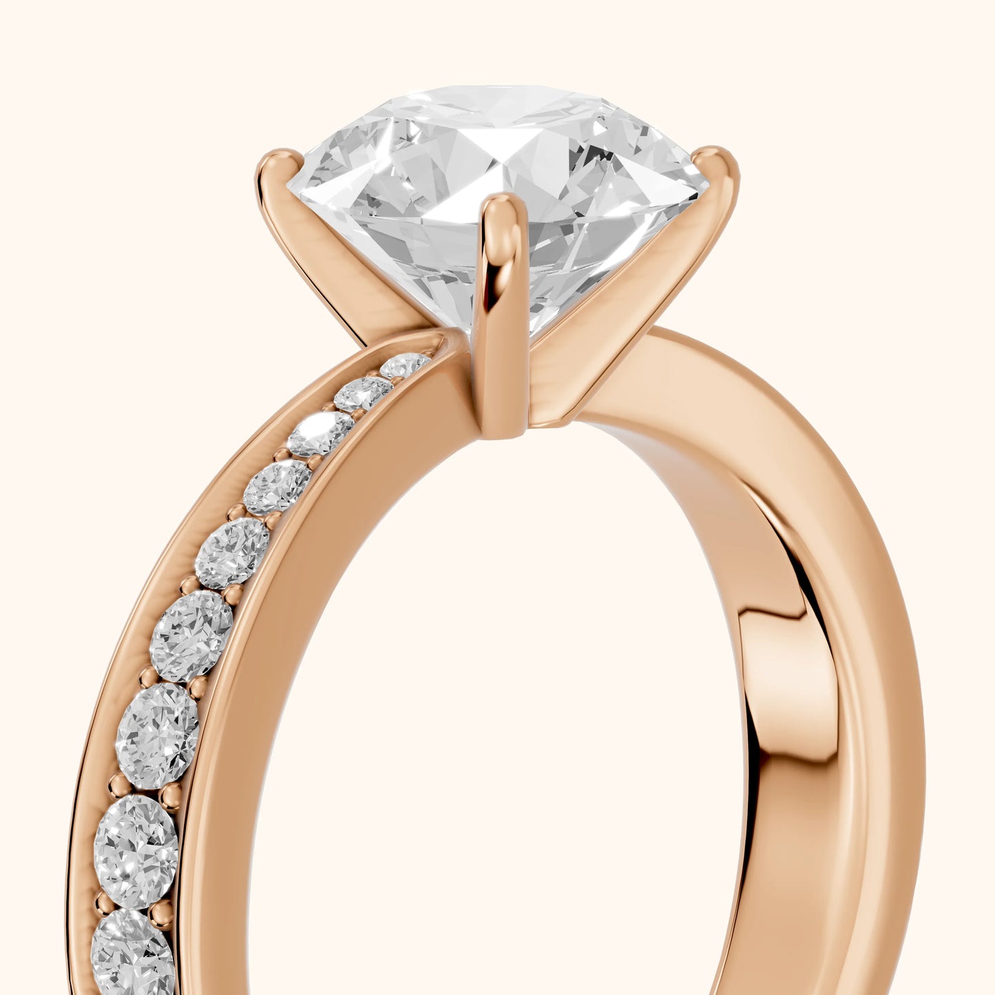 Rhea Sidestone Pavé Round Diamond Engagement Ring in Rose Gold - slant-view.webp