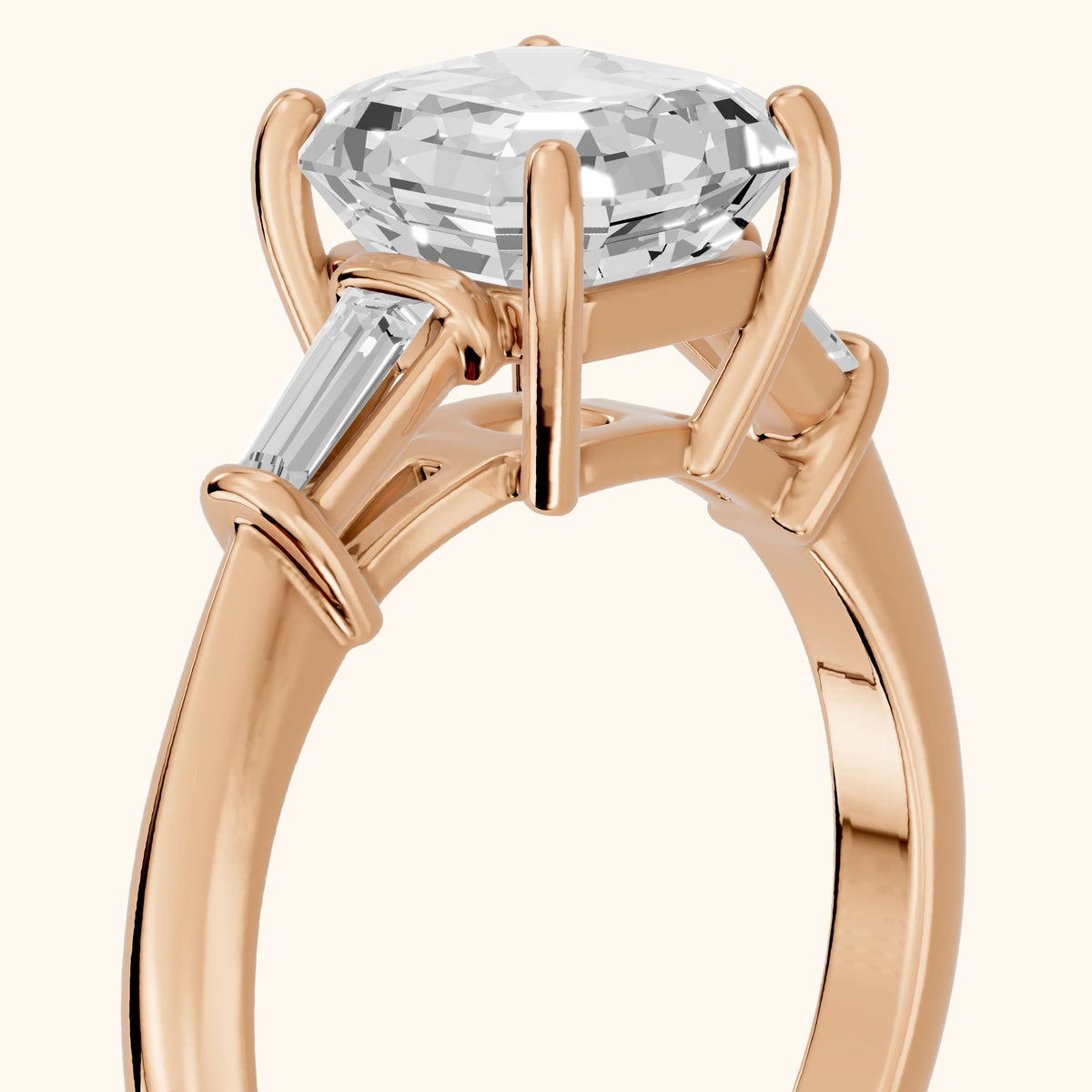 Abby Baguette Three-Stone Asscher Diamond Engagement Ring in Rose Gold - slant-view.webp