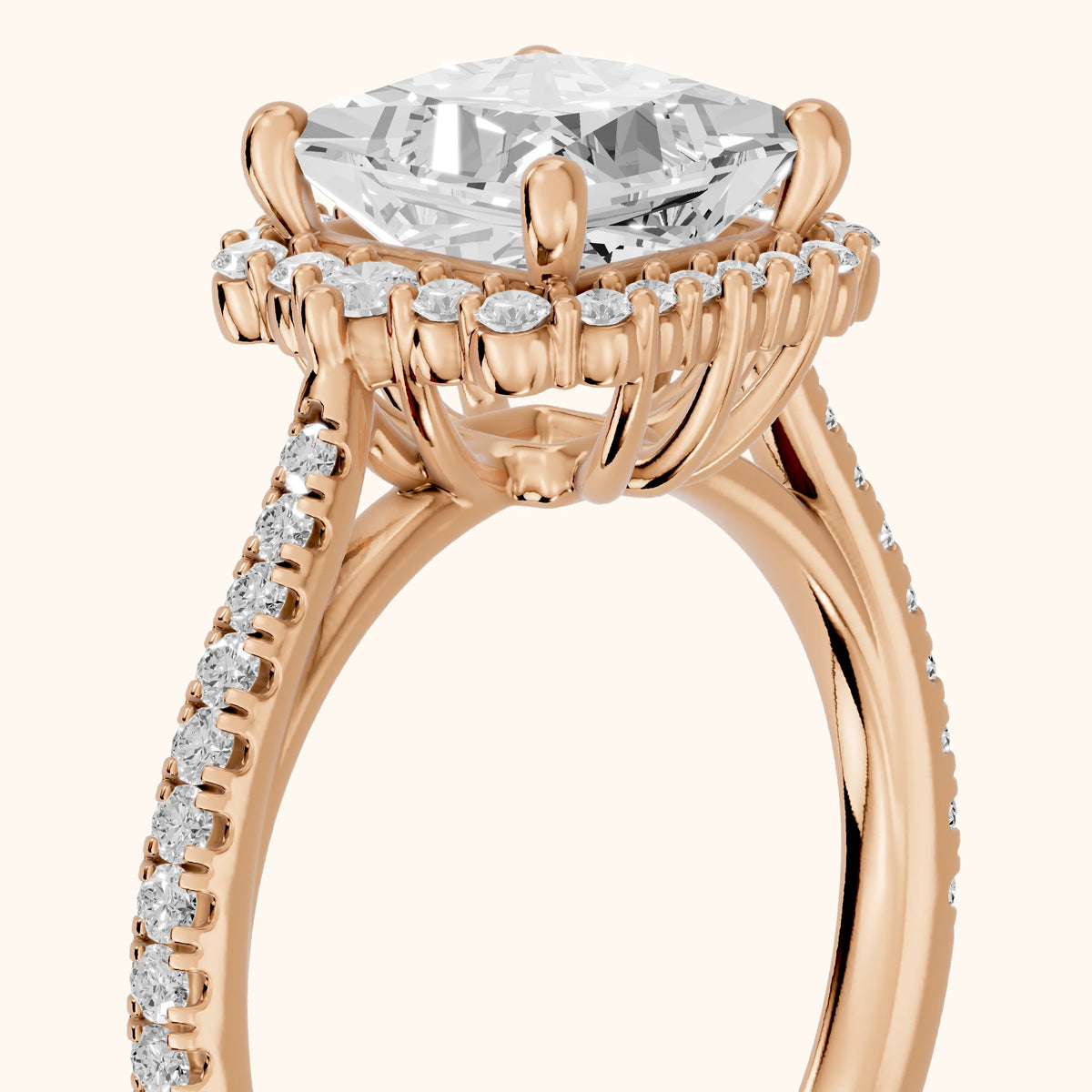 Melody Halo Cathedral Princess Diamond Engagement Ring in Rose Gold - slant-view.webp