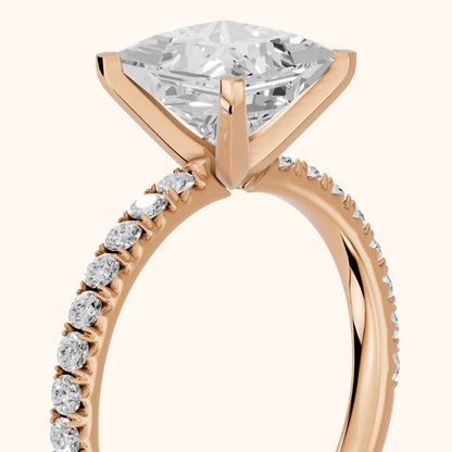 Juna French Pavé Solitaire Princess Diamond Engagement Ring in Rose Gold - slant-view.webp