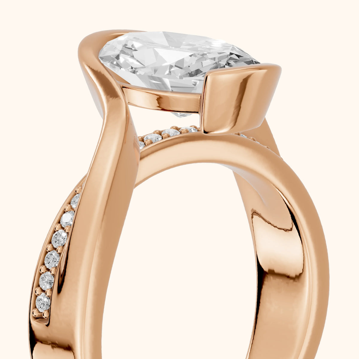 Solene Half Bezel Bypass Oval Diamond Engagement Ring in Rose Gold - slant-view.webp