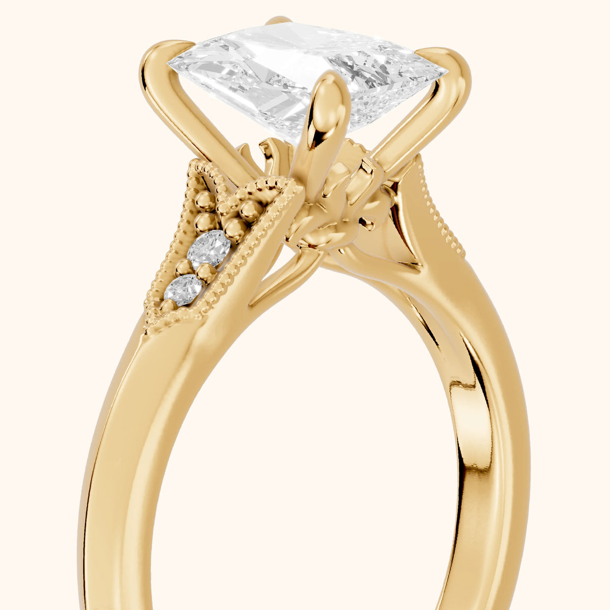 Paisley Milgrain Pavé Radiant Diamond Engagement Ring in Yellow Gold - slant-view.webp