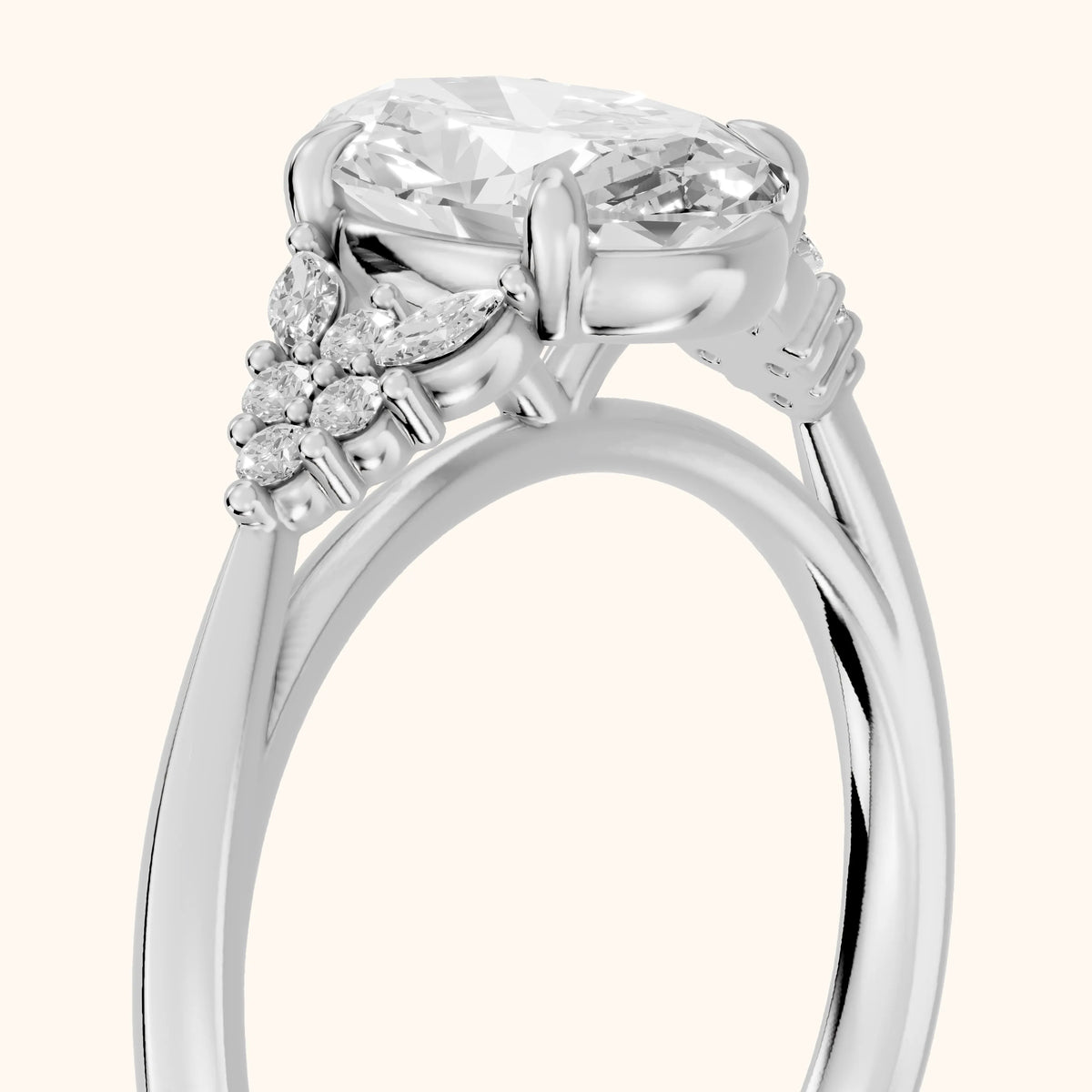 Fern Knife Edge Cluster Oval Diamond Engagement Ring in Silver - slant-view.webp