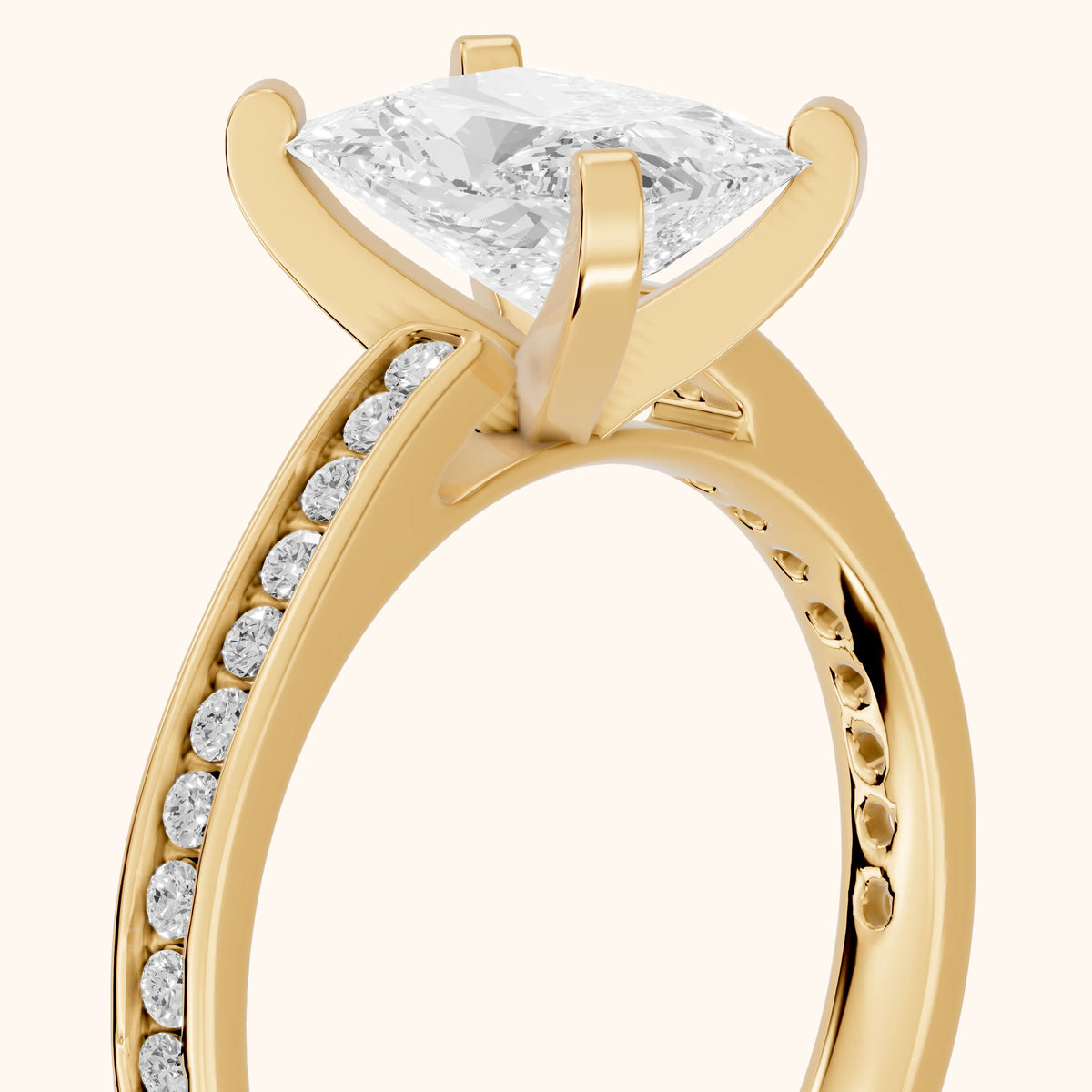 Tessa Solitaire Channel Set Radiant Diamond Engagement Ring in Yellow Gold - slant-view.webp
