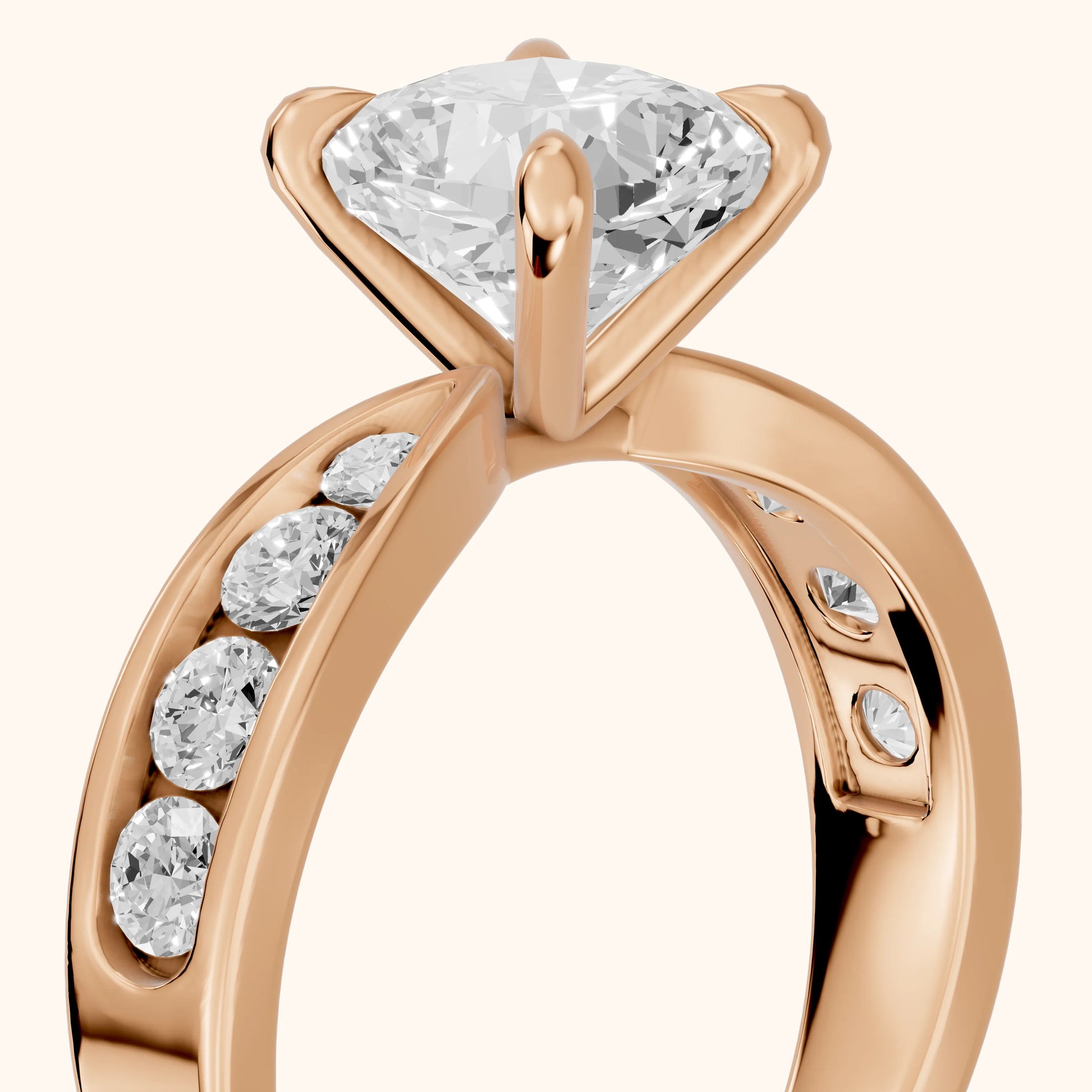 Noor Channel Set Sidestone Cushion Diamond Engagement Ring in Rose Gold - slant-view.webp