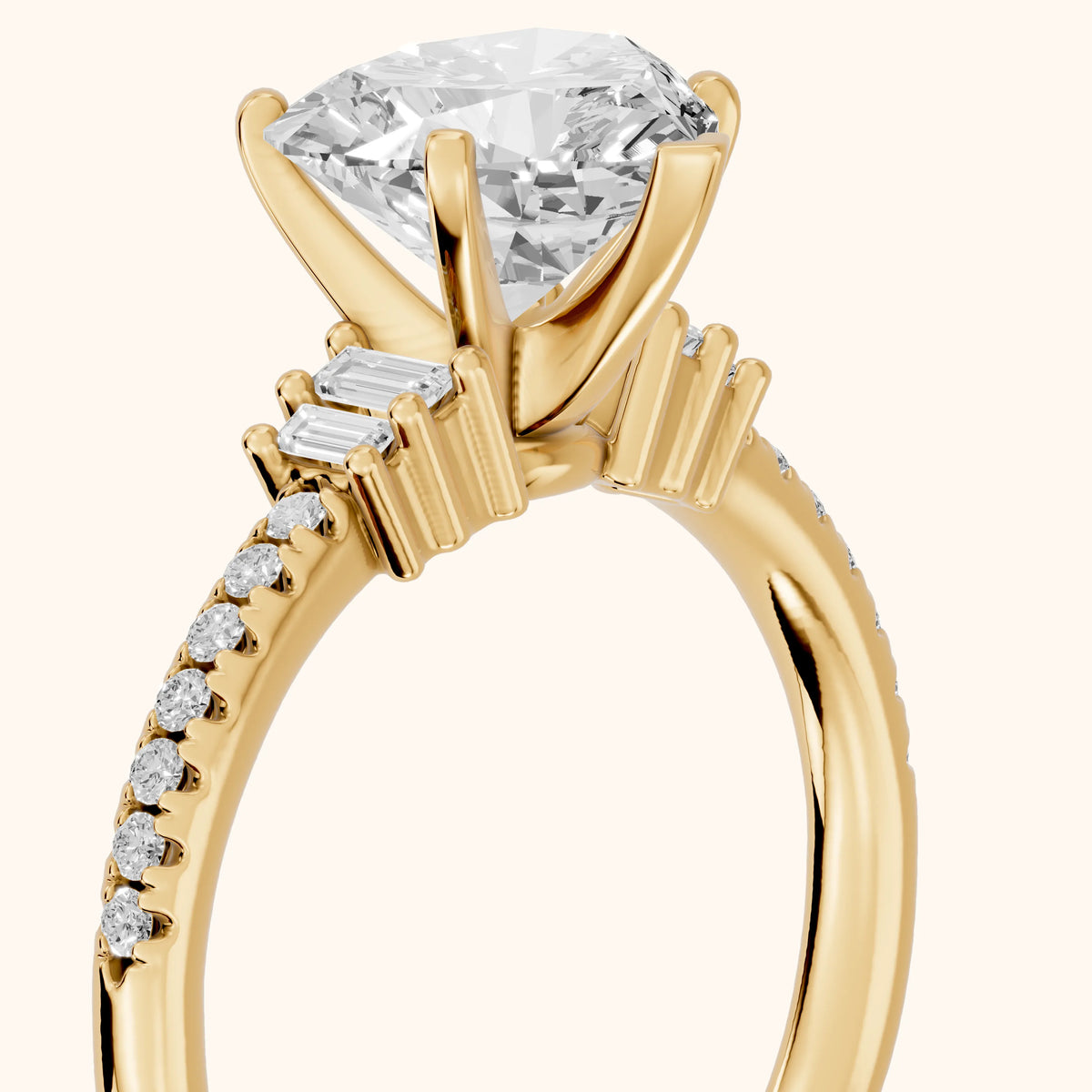 Rhona Baguette Pavé Heart Diamond Engagement Ring in Yellow Gold - slant-view.webp