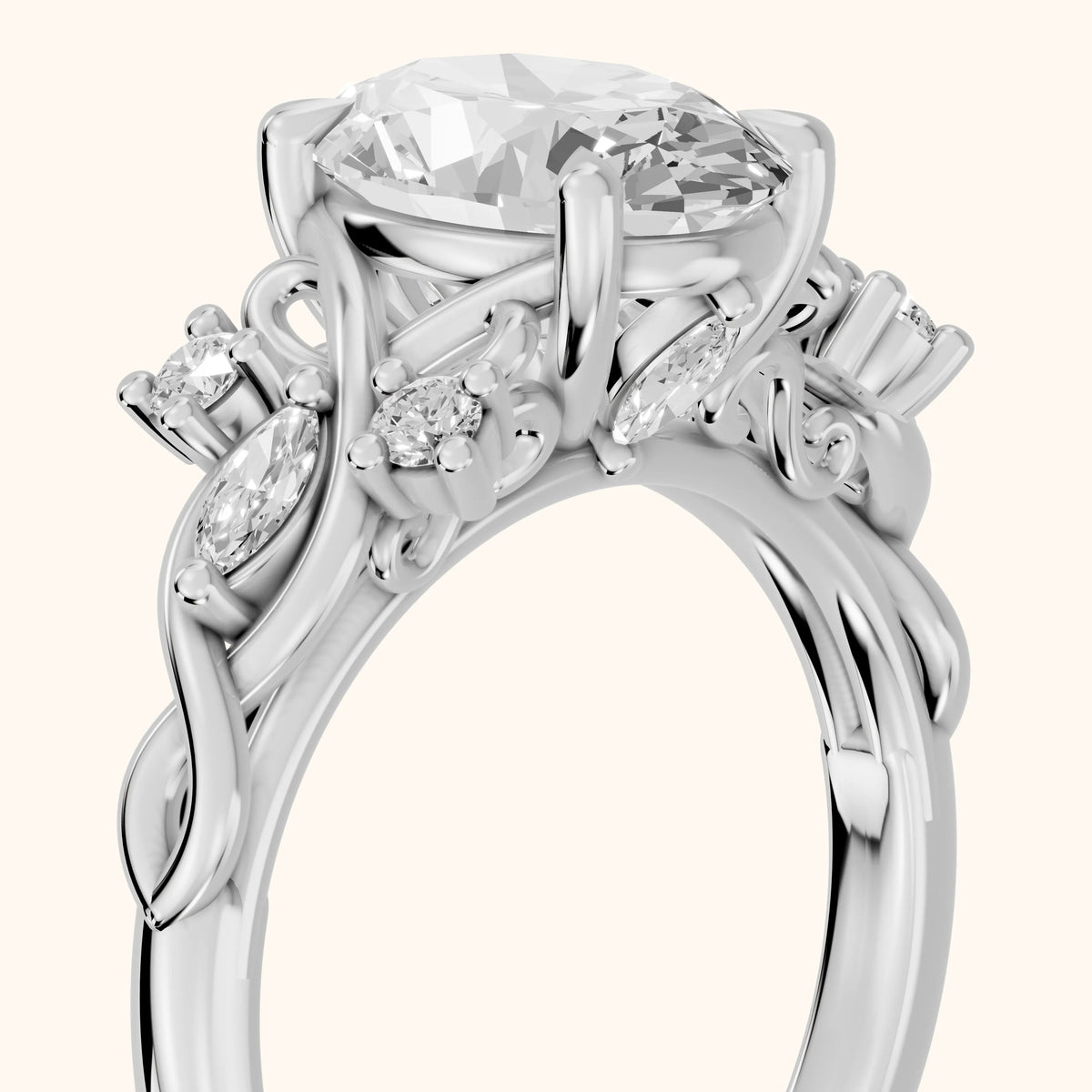 Auburn Vine Cluster Oval Diamond Engagement Ring in White Gold - slant-view.webp
