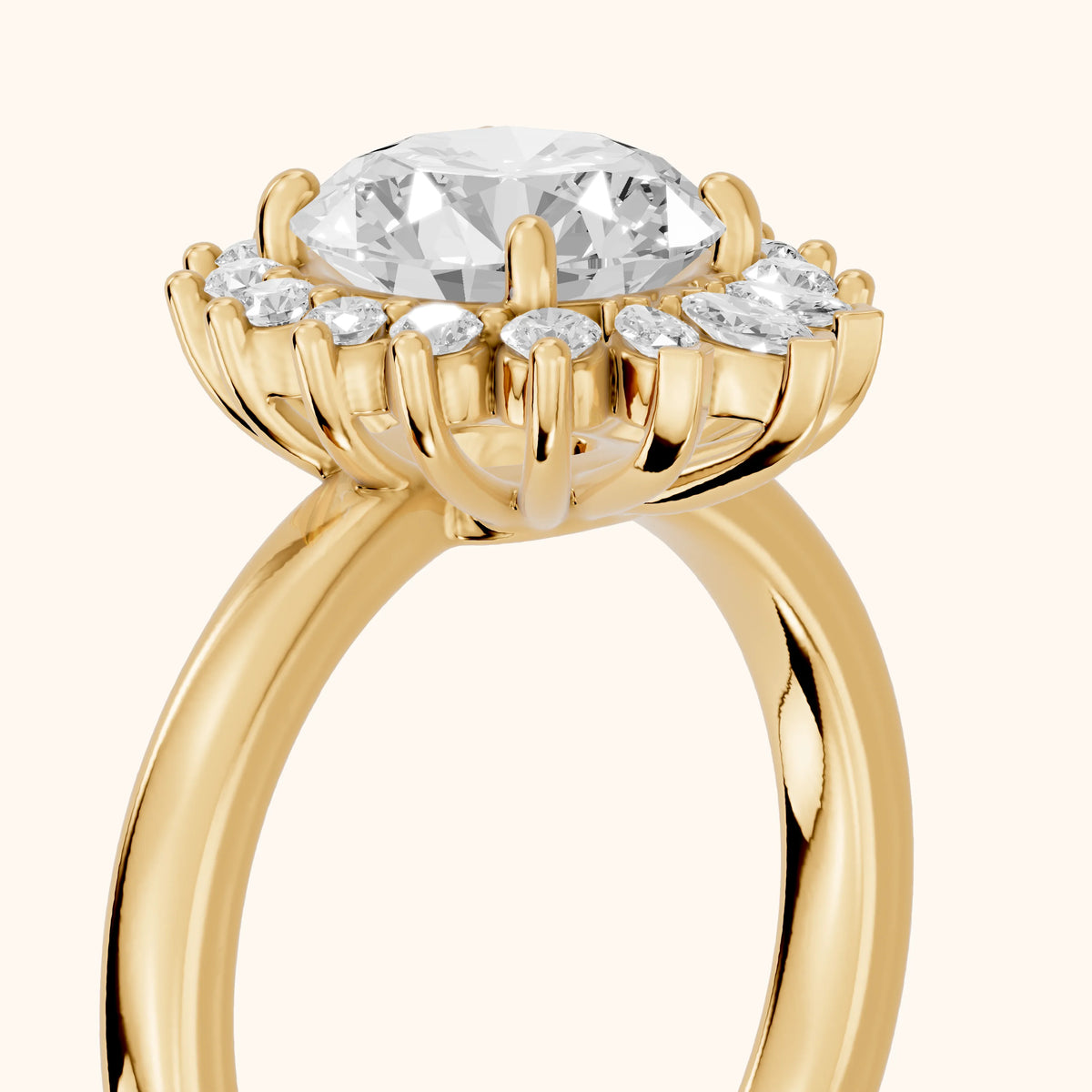 Roslyn Sunburst Halo Round Diamond Engagement Ring in Yellow Gold - slant-view.webp