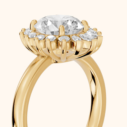 Roslyn Sunburst Halo Round Diamond Engagement Ring in Yellow Gold - slant-view.webp