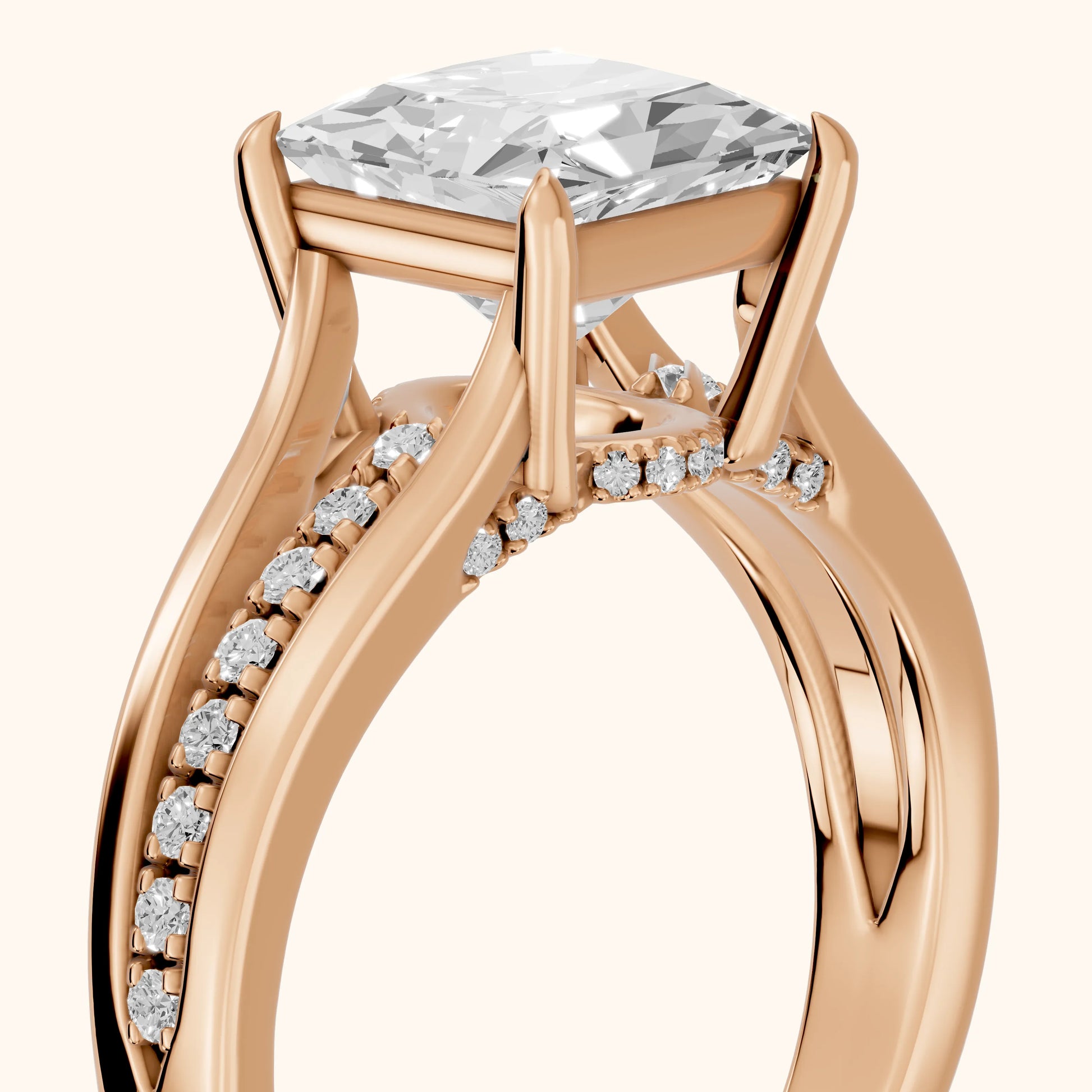 Scarlett Split Shank Pavé Princess Diamond Ring in Rose Gold - slant-view.webp
