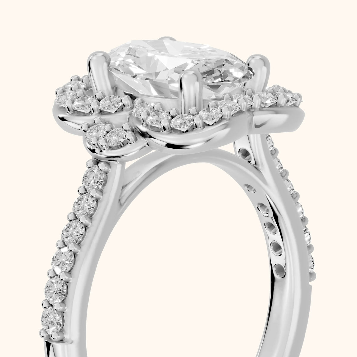 Amy Floral Halo Oval Diamond Engagement Ring in Platinum - slant-view.webp