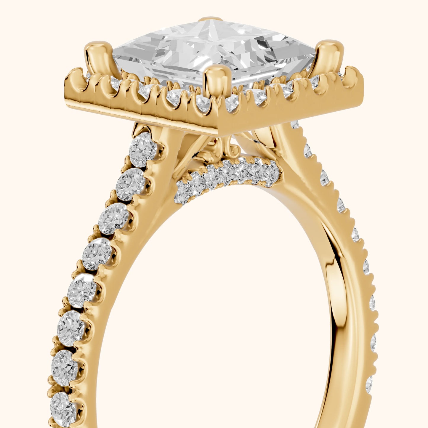 Sophie Halo Pavé Princess Diamond Ring in Yellow Gold - slant-view.webp