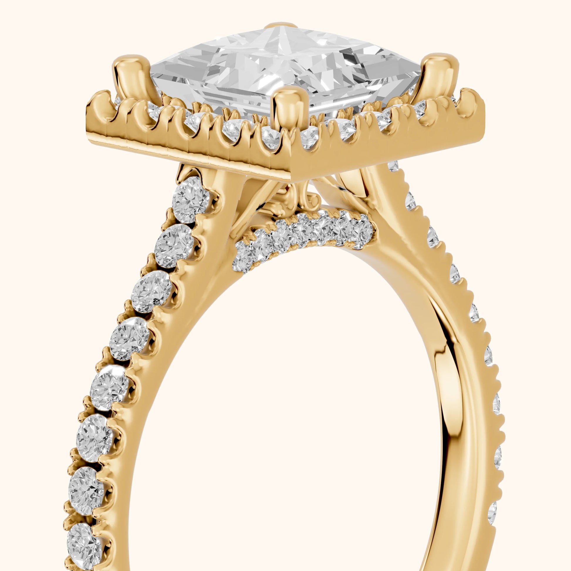 Sophie Halo Pavé Princess Diamond Ring in Yellow Gold - slant-view.webp