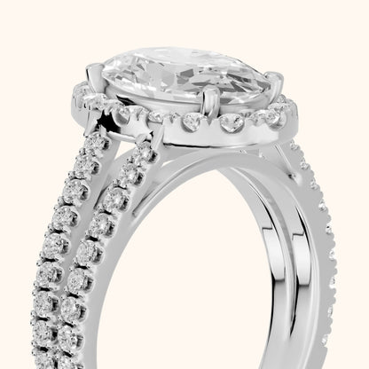Kira Halo Split Shank Oval Diamond Engagement Ring in Silver - slant-view.webp