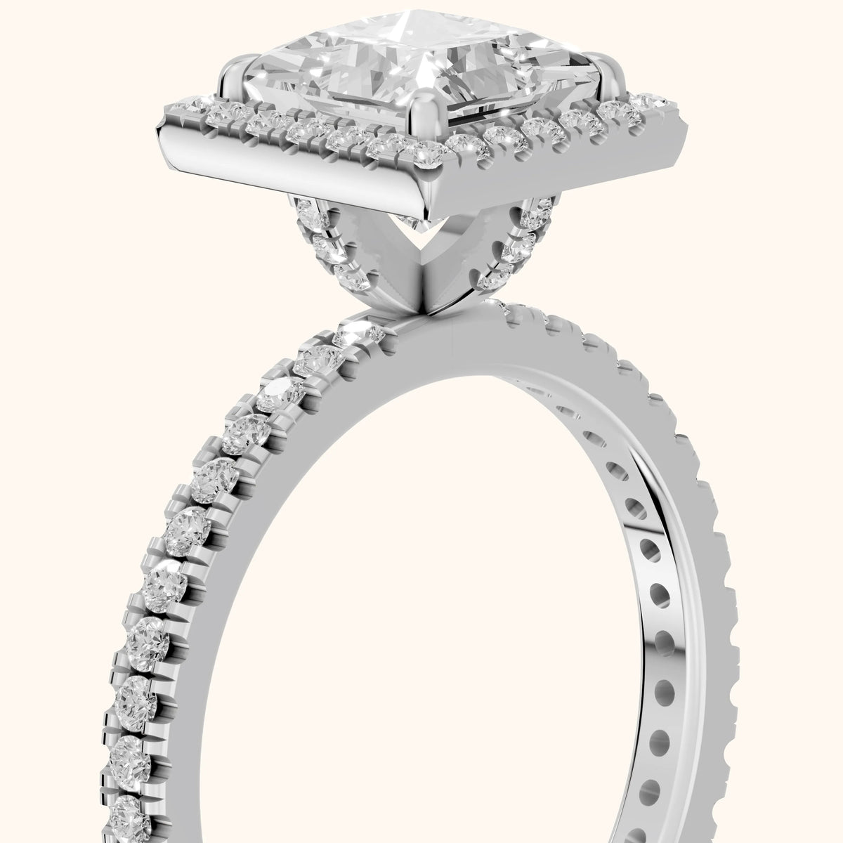 Rosemary Halo Pavé Princess Diamond Engagement Ring in Platinum - slant-view.webp
