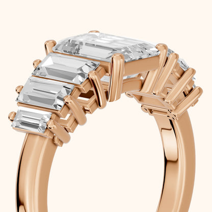 Mara Sidestone Baguette Accent Emerald Diamond Engagement Ring in Rose Gold - slant-view.webp
