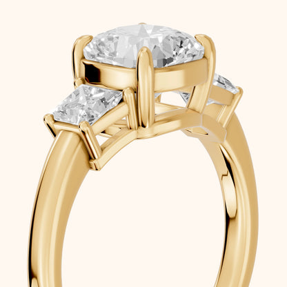 Selena Three-Stone Basket Cushion Diamond Ring in Yellow Gold - slant-view.webp
