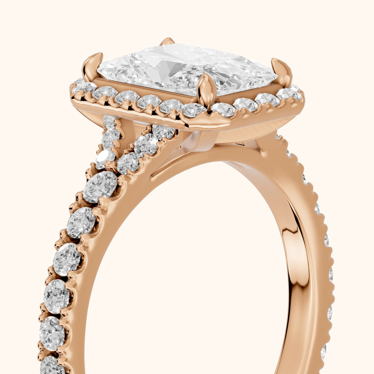 Bella Halo Pavé Radiant Diamond Engagement Ring in Rose Gold - slant-view.webp