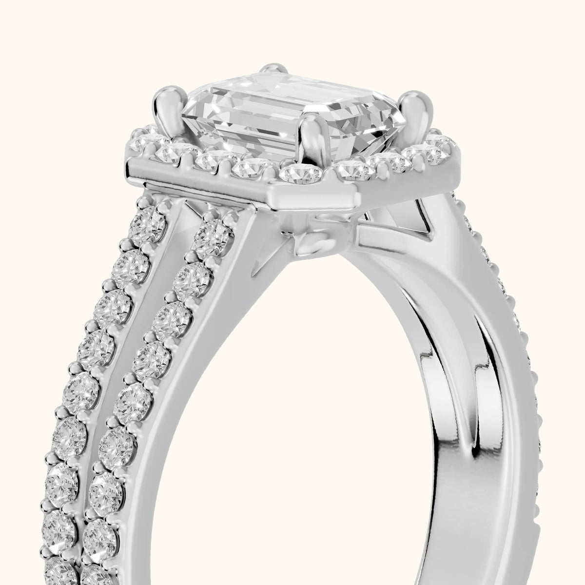 Tampa Halo Split Shank Emerald Diamond Engagement Ring in Platinum - slant-view.webp