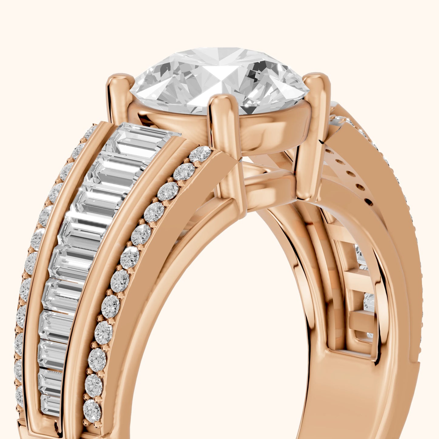 Halle Channel Set Baguette Accent Round Diamond Engagement Ring in Rose Gold - slant-view.webp