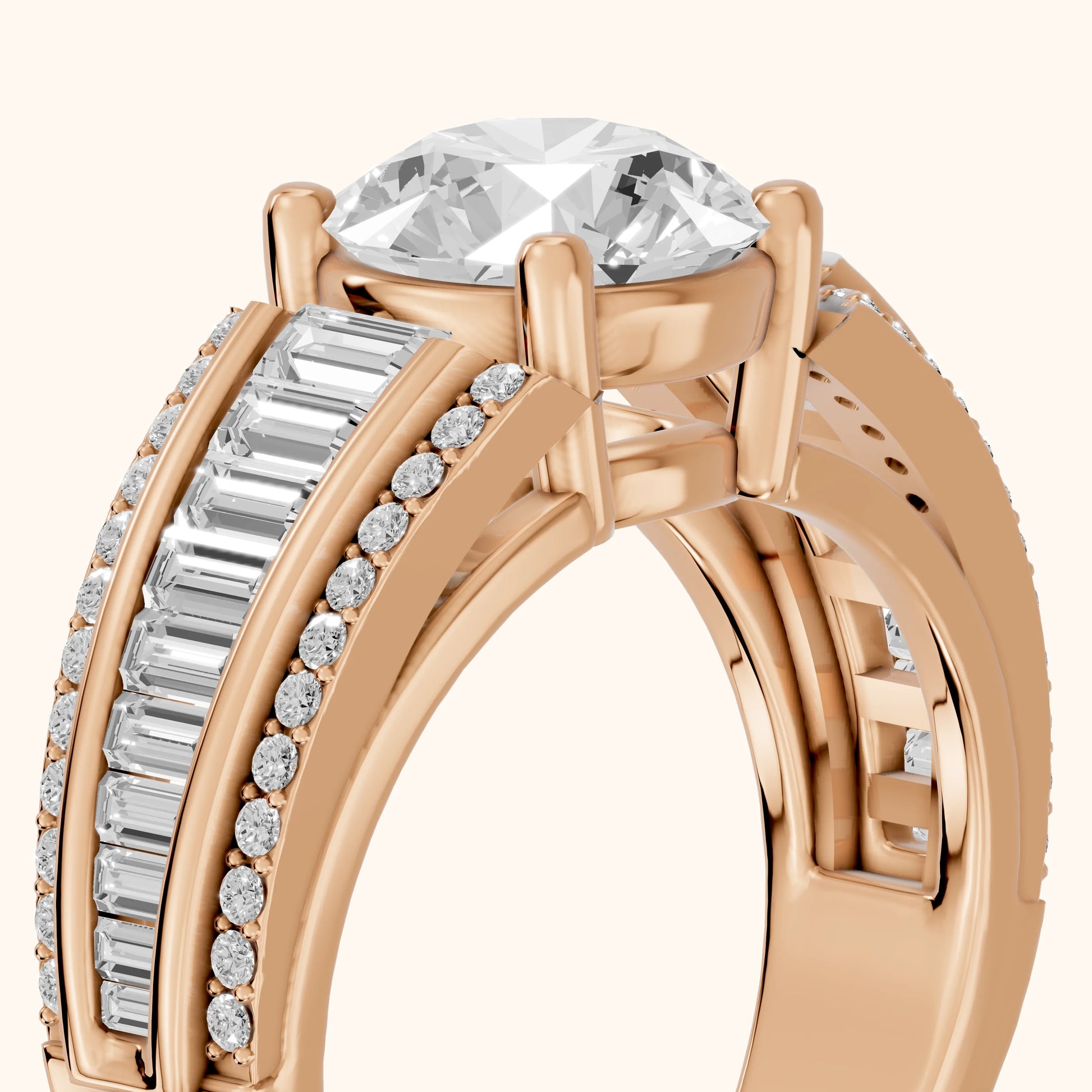 Halle Channel Set Baguette Accent Round Diamond Engagement Ring in Rose Gold - slant-view.webp