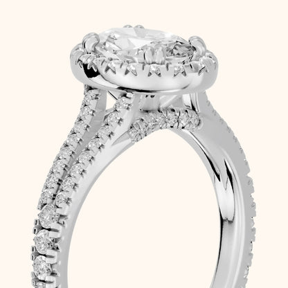 Dallas Halo Split Shank Oval Diamond Engagement Ring in Silver - slant-view.webp