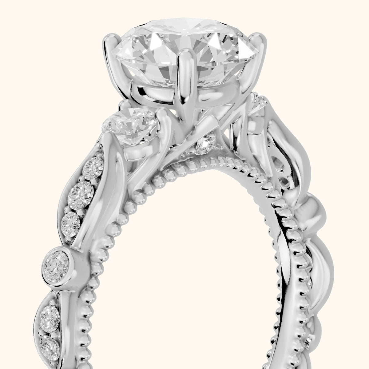 Pascale Vintage Filigree Round Diamond Engagement Ring in White Gold - slant-view.webp