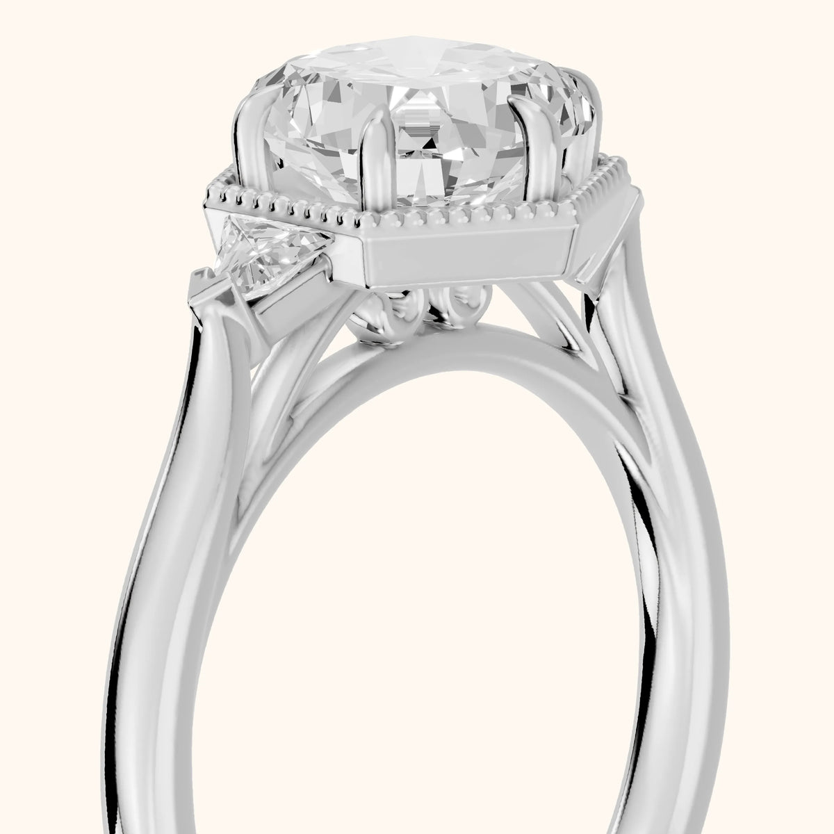 Faith Milgrain Three-Stone Cushion Diamond Engagement Ring in White Gold - slant-view.webp