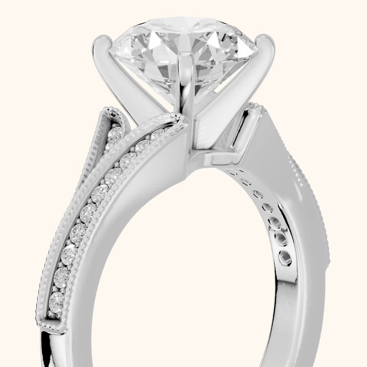 Nara Milgrain Split Shank Round Diamond Engagement Ring in Silver - slant-view.webp